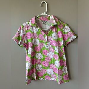 Lily Pulitzer Women’s Vintage Pink and‎ Green Seashell Polo Shirt Size Large